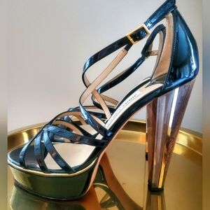 Jimmy Choo Black Patent Leather Platform Sandals with Wood-Effect Heels